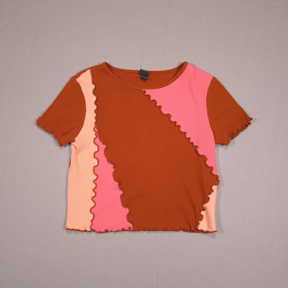 Wild Fable Ribbed Patchwork Crop Top Brown Pink Lettuce Edge Short Sleeve Large
